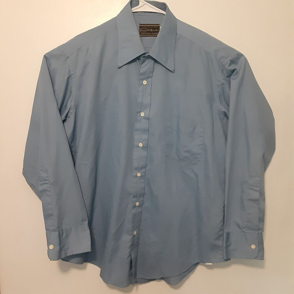 Vtg Sears The Mens Store 16.5-33 Blue Long Sleeve Button Up Shirt Single Needle